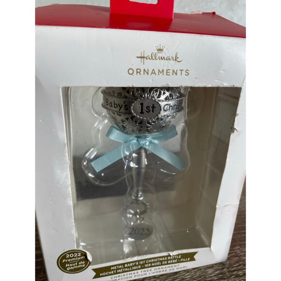 Hallmark 2022 Baby’s 1st Christmas Rattle‎ Ornament Silver Blue Bow New - Picture 2 of 10